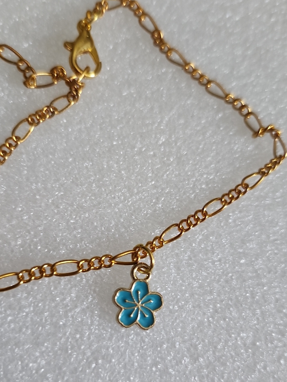 Hand Crafted Gold Chain Bracelet / Anklet with Blue Flower Charm